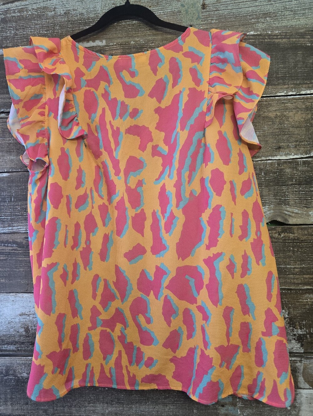Umgee Neon Pink and Orange Ruffle Shoulder V-Neck Blouse, Size XL - Picture 2 of 4